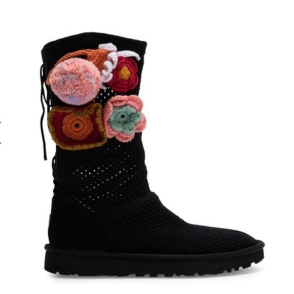 UGG | Black Crochet Boots With Flower Appliqués 7 - Picture 2 of 8